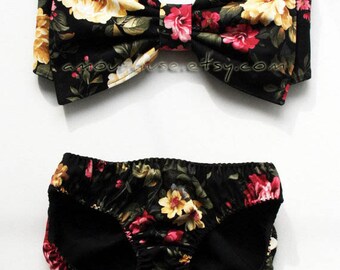 Victorian Garden Print Bow Bandeau and Bikini Bottom