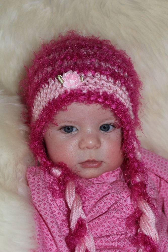 Crochet Baby Hat, Baby Hat, Baby Girl, Ear Flap Beanie, Pink, Pink Textured Yarn, Photo Prop, 12 months - 3 years, READY TO SHIP