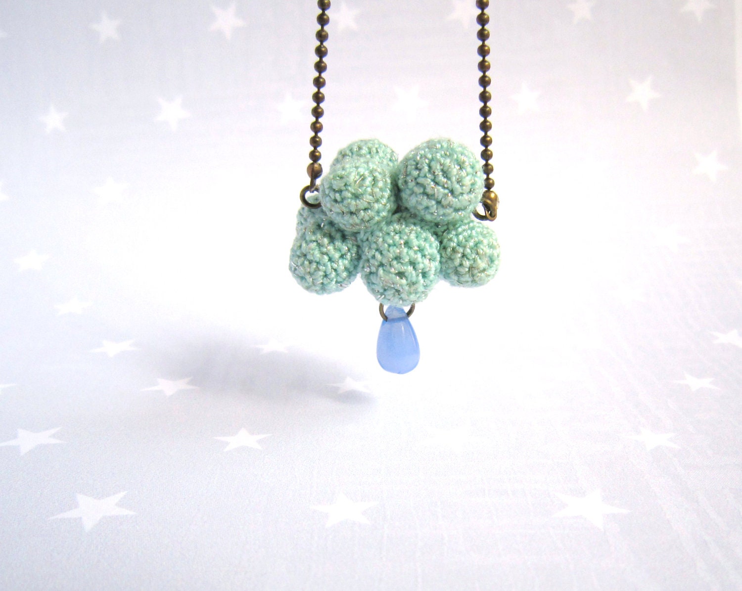 Blue cloud and raindrop. Crochet cloud. Spring necklace