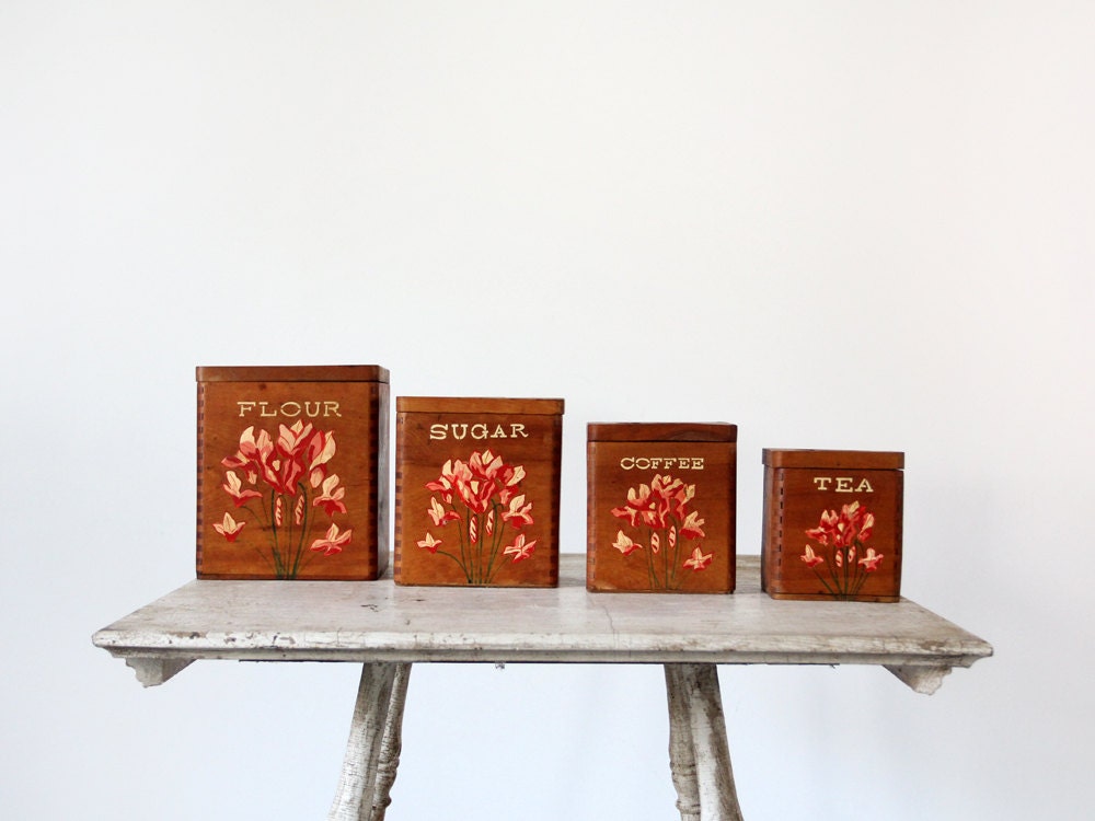 1950s Kitchen Canisters // Vintage Wood Dovetail Containers