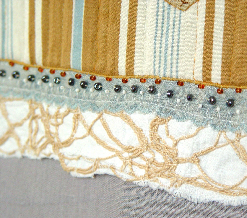COFFEE quilt, Art Quilt, Appliqued Beaded, Vintage look, Home Decor, Wall Hanging, caramel cream