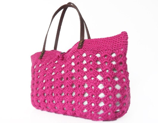 Fuchsia summer bag - Handbag Celebrity Style With Genuine Leather Straps / Handles shoulder bag-crochet bag-hand made