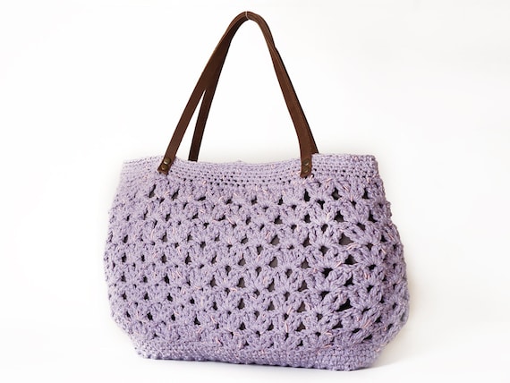 Lilac summer shoulder bag- hand bag With Genuine Leather Straps / Handles