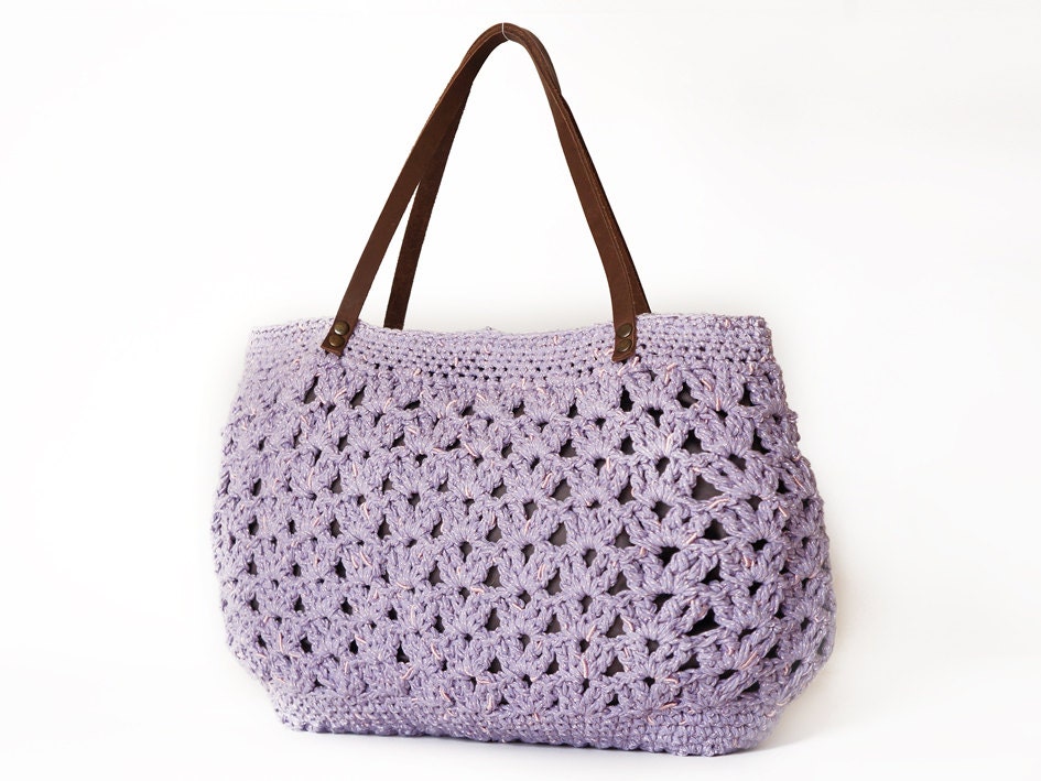 Lilac summer shoulder bag- hand bag With Genuine Leather Straps / Handles