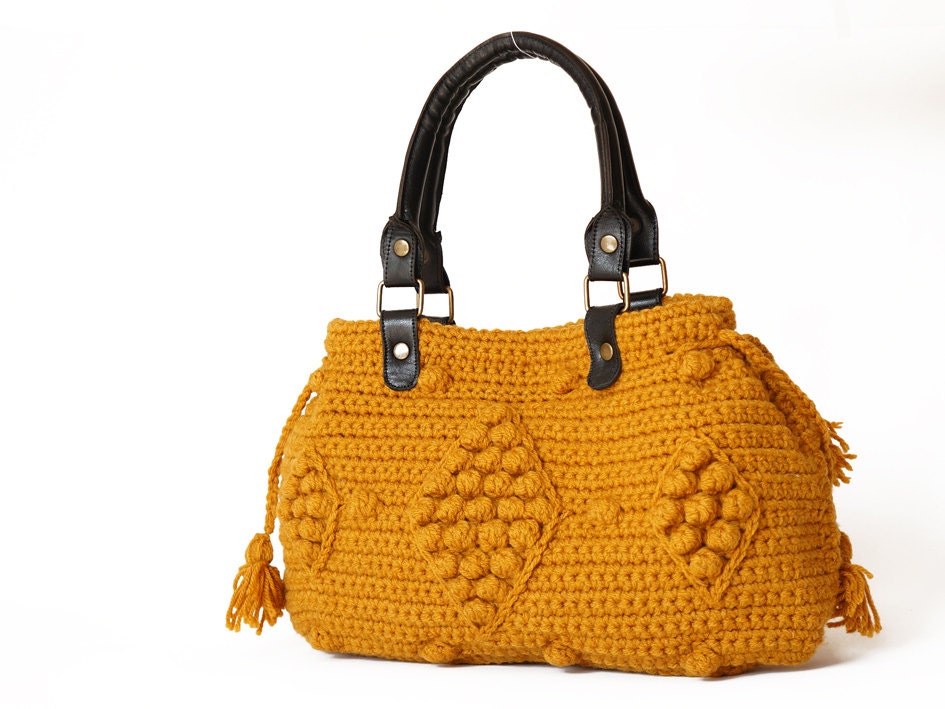 Crocheted Mustard Handbag - Celebrity Style With Genuine Leather Straps / Handles-crochet bag-shoulder bag-hand made