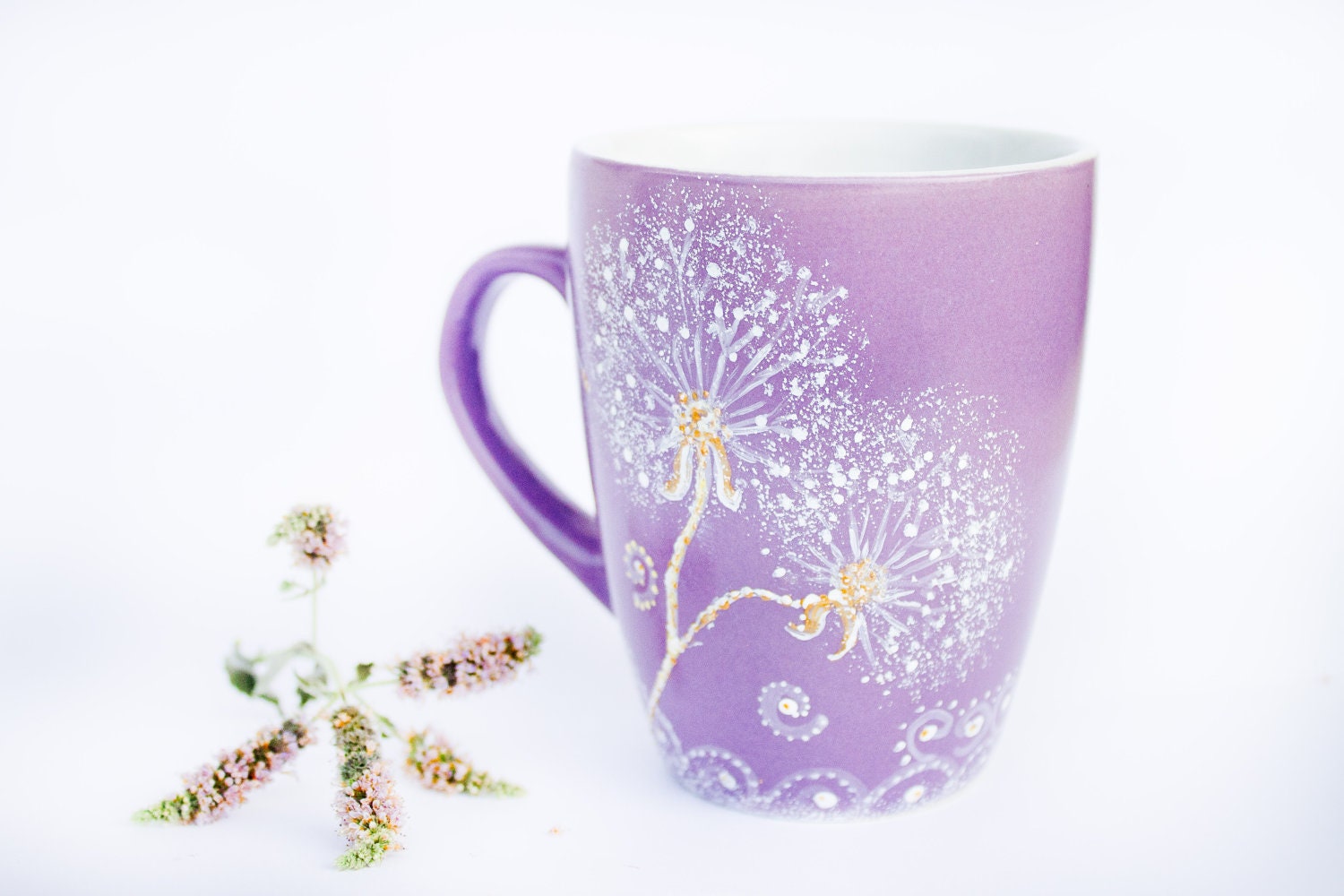 Coffee Mug Purple dandelion Mug - hand painted Cup