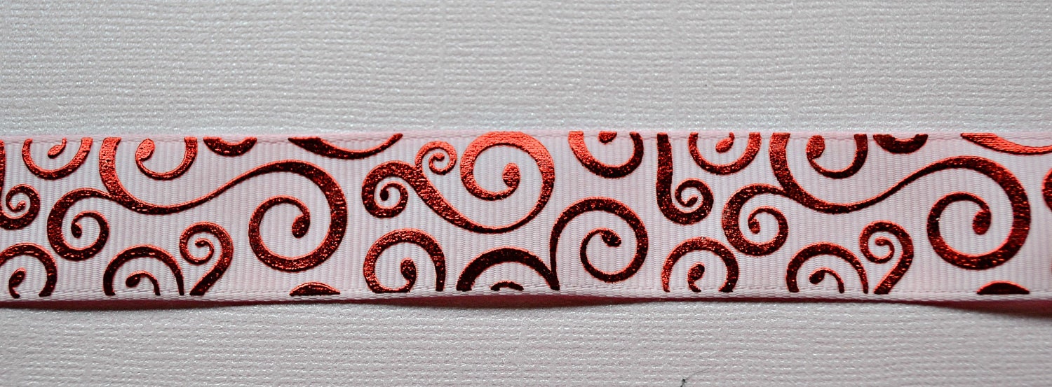 Elegant red foil swirls on pink 7/8" grosgrain ribbon Valentines Il_170x135