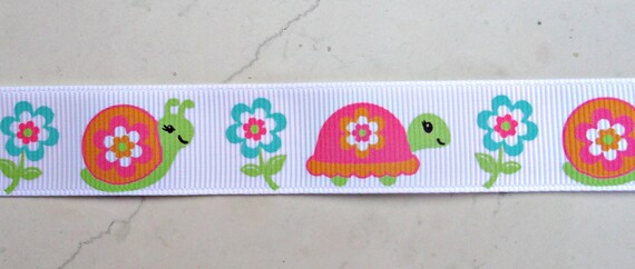 Truly cute Turtles and snails on white 7/8" grosgrain ribbon Il_570xn
