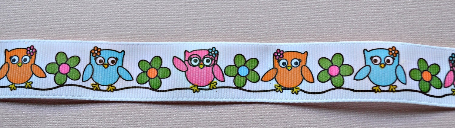 Spring turquoise, hot pink & orange owls on white 7/8" grosgrain ribbon Il_570xn