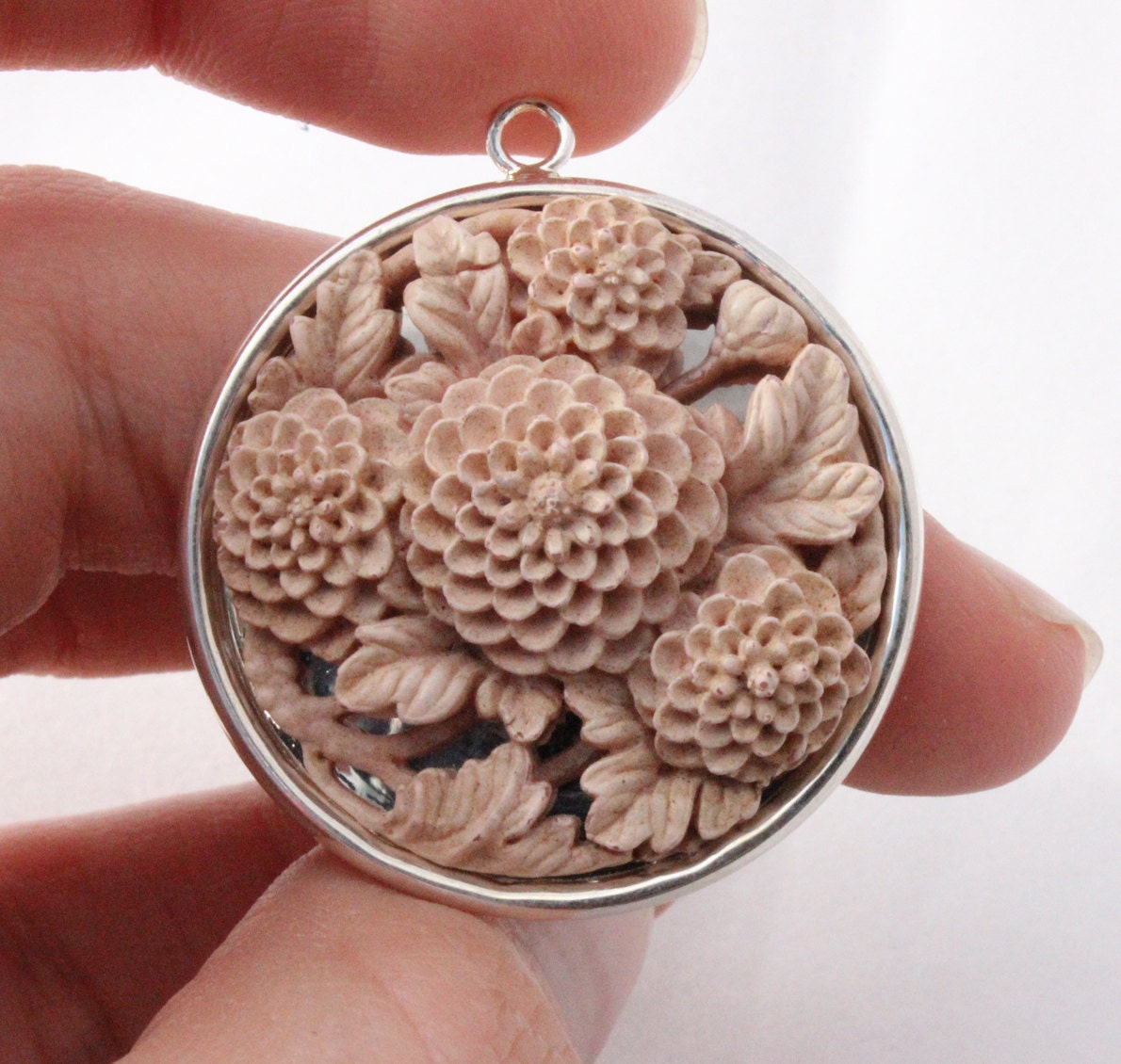Pink Resin Flower Silver Cabochon Pendant