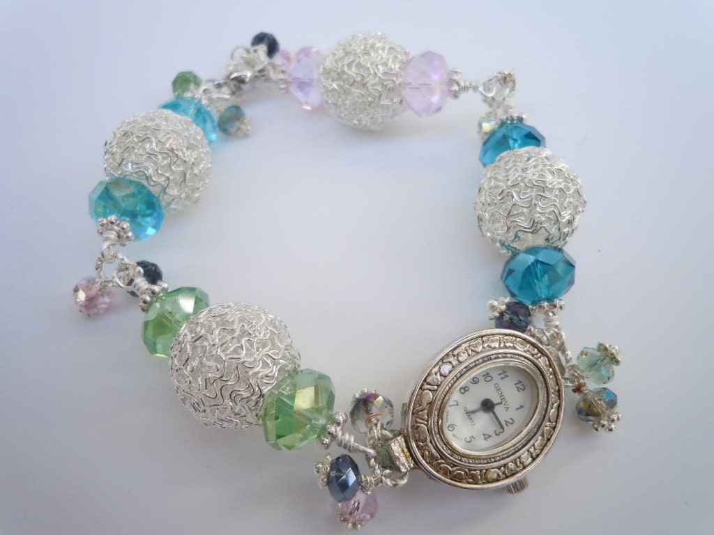 Oval Watch Face Crystal Rondells Silver Wire Ball Beads and the Easiest Clasp Ever