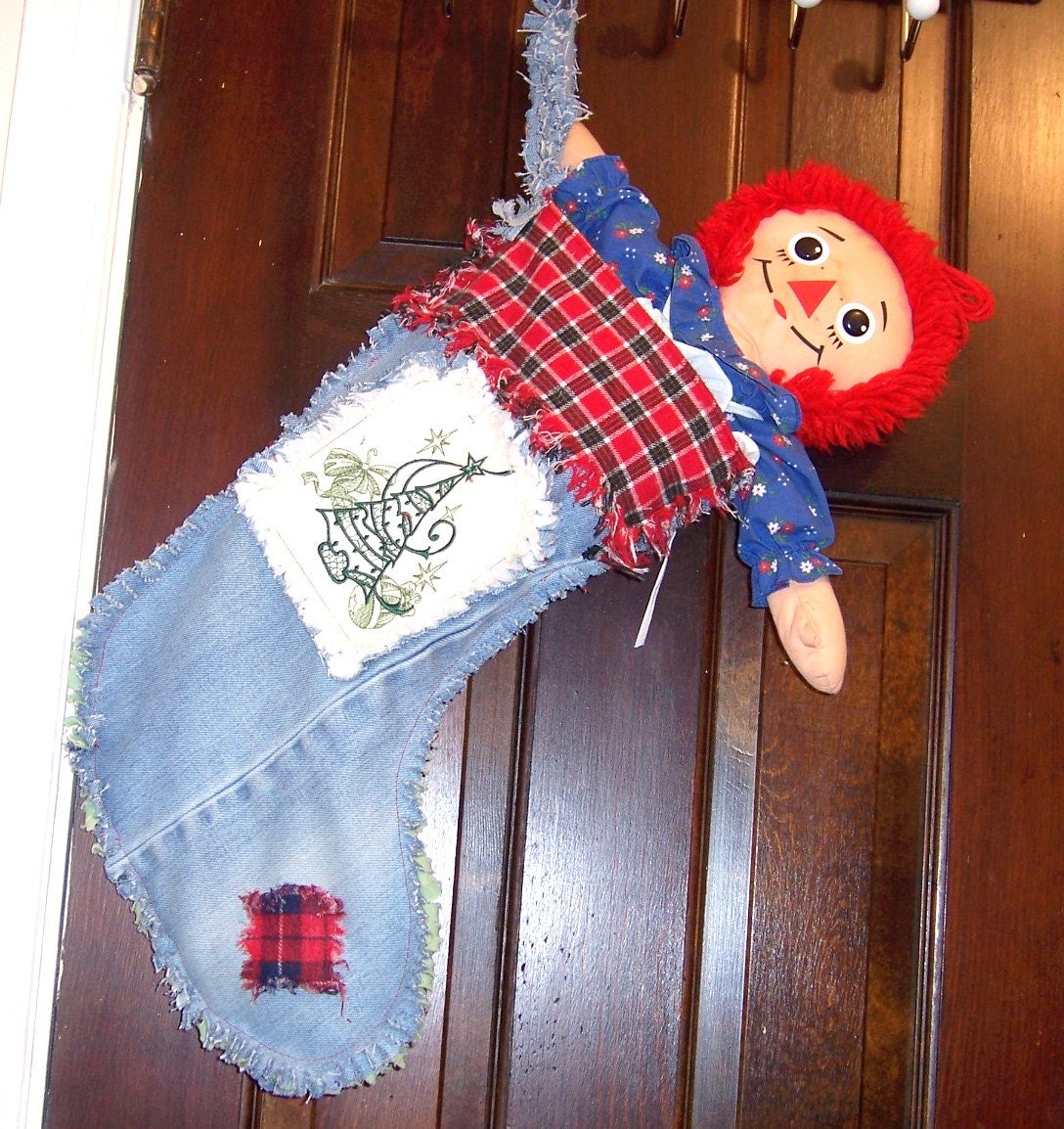 SALE Primitive Denim Christmas Stocking Lined  Embroidery Tree on cuff and patches