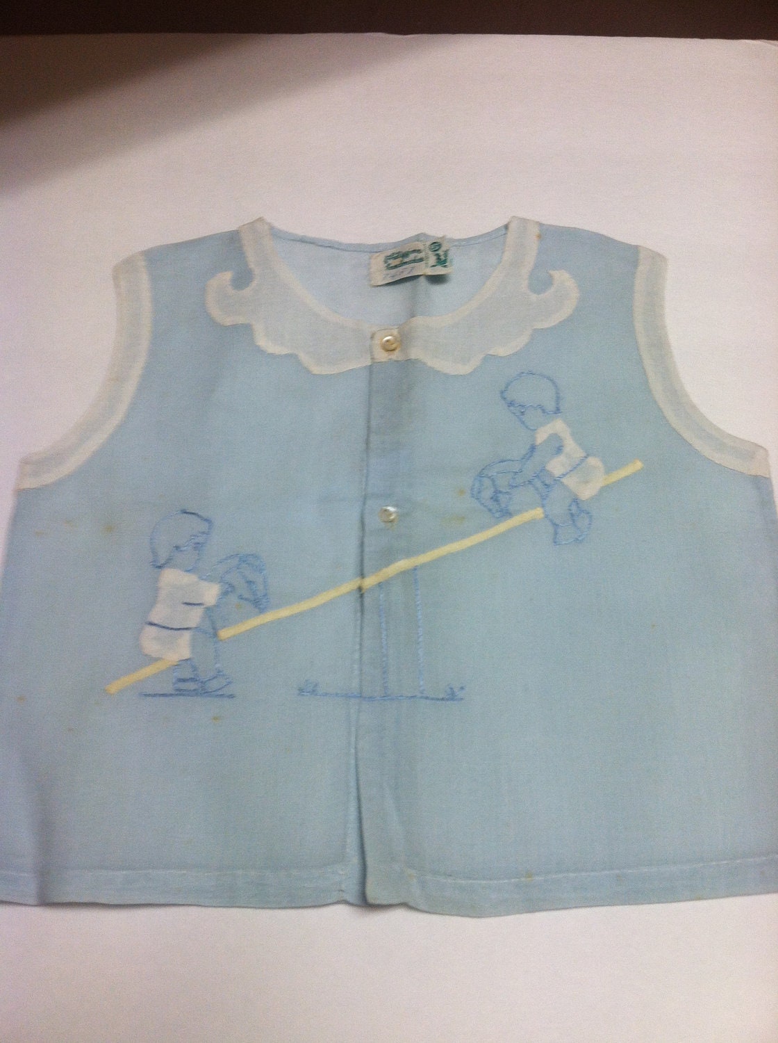 Vintage Baby Boy Handmade Diaper Shirt Blue 3 to 6 months