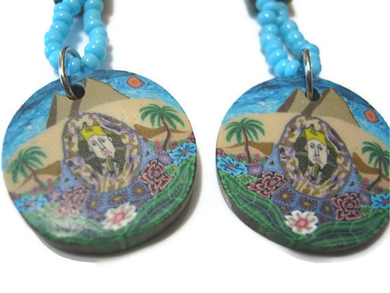 Eyptian Style King Tut and Pyramids Polymer Clay Turquoise Blue Earrings