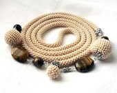 Beige bead crochet rope necklace lariat with tiger eye- beaded rope belt- handmade jewellery- beadwork