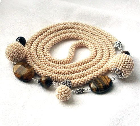 Beige bead crochet rope necklace lariat with tiger eye- beaded rope belt- handmade jewellery- beadwork