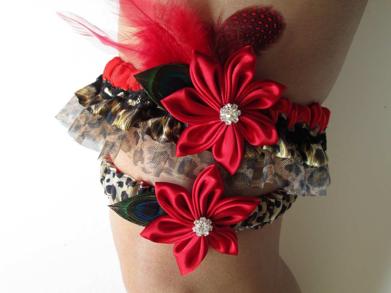 Bridal Wedding Garter Set, Leopard Garters, Red Satin Garters, Flamenco Red Prom Garters, Peacock Garters, Red Kanzashi, Red Feather Garter