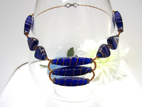 Cobalt Blue Beaded Necklace Trendy Hand Beaded OOAK