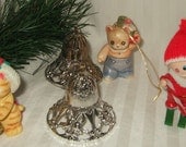 Vintage Christmas ornament collection, lot of 5, bells, wood and figurine ornaments. Christmas ornaments, unbreakable ornaments