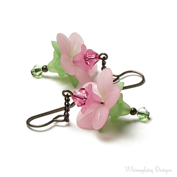 Pink Promise Floral Crystal Antique Brass Earrings