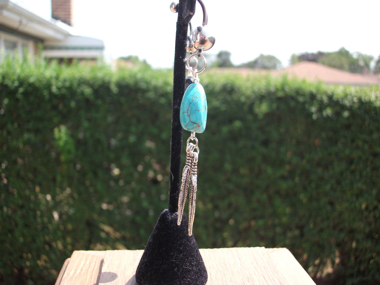Turquoise Chunk with Feather Dangle Belly Ring 14 Gauge