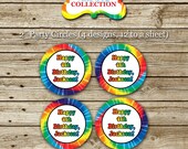 Rainbow Tie Dye / Spin Art party circles, stickers, labels, printable, digital, hippy, groovy, peace, love, etc.
