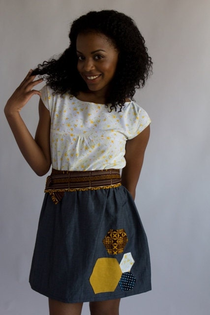 Elastic Waist Linen Skirt with Hexagon Applique
