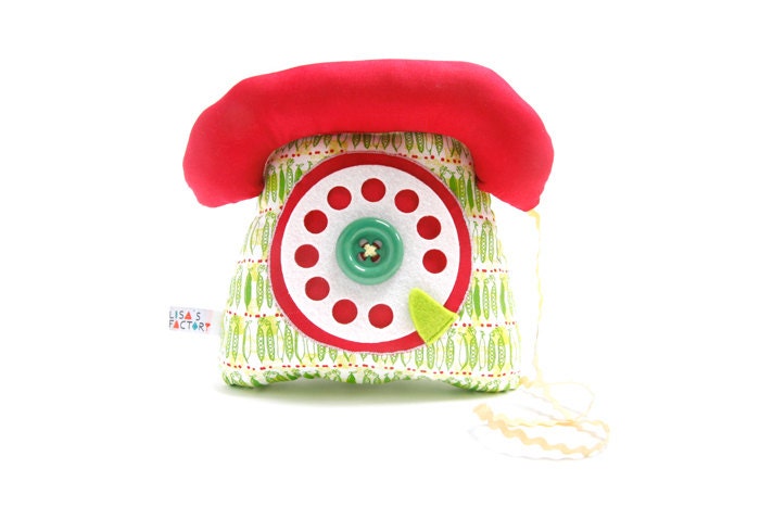 dial telephone play cushion velcro handset red green peas pattern - telephone à cadran combiné rouge avec velcro motif petits pois