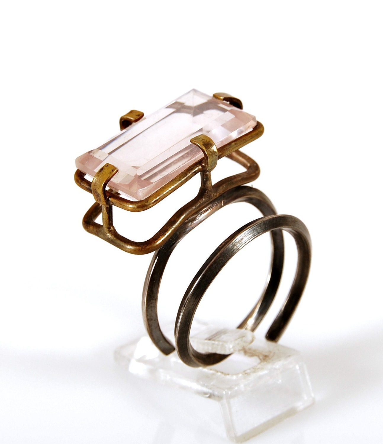 Silver & Brass Rose Quartz  Ring size 8 1/4 Adjustable OOAK Statement Ring