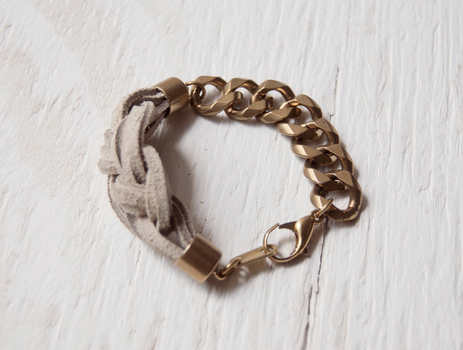 Sailor's Knot Bracelet - Bone white-colored suede and raw brass chain