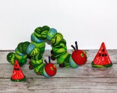 Custom Made - X-Large Very Hungry Caterpillar with 1 Food Item - Clay Birthday Cake Topper