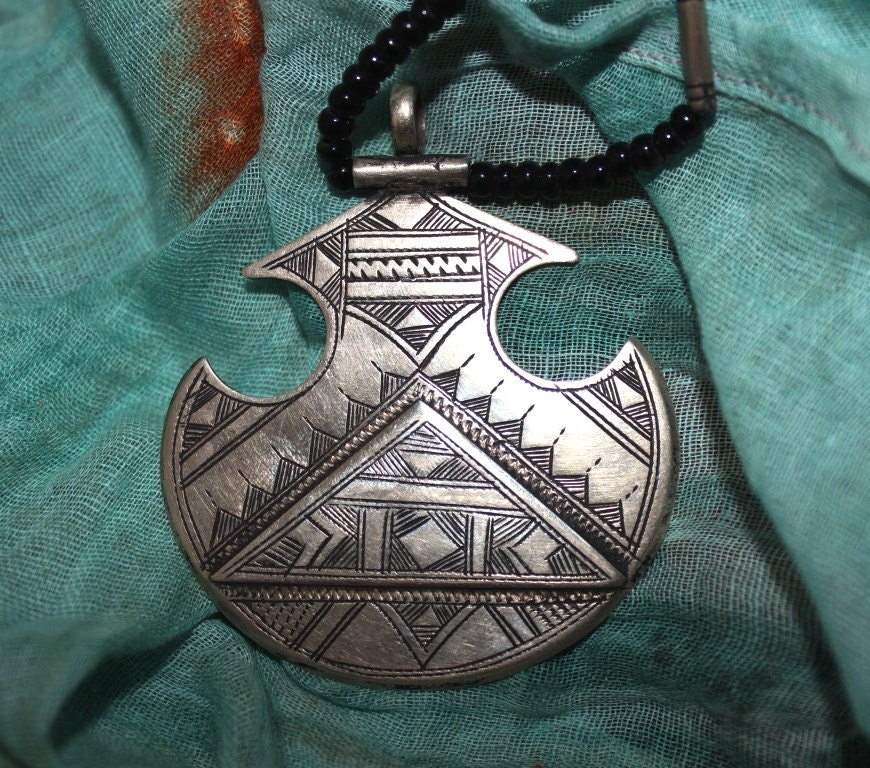 Tuareg Amulet with  Triangle Decoration Onyx Beads and Tifinagh Inscription