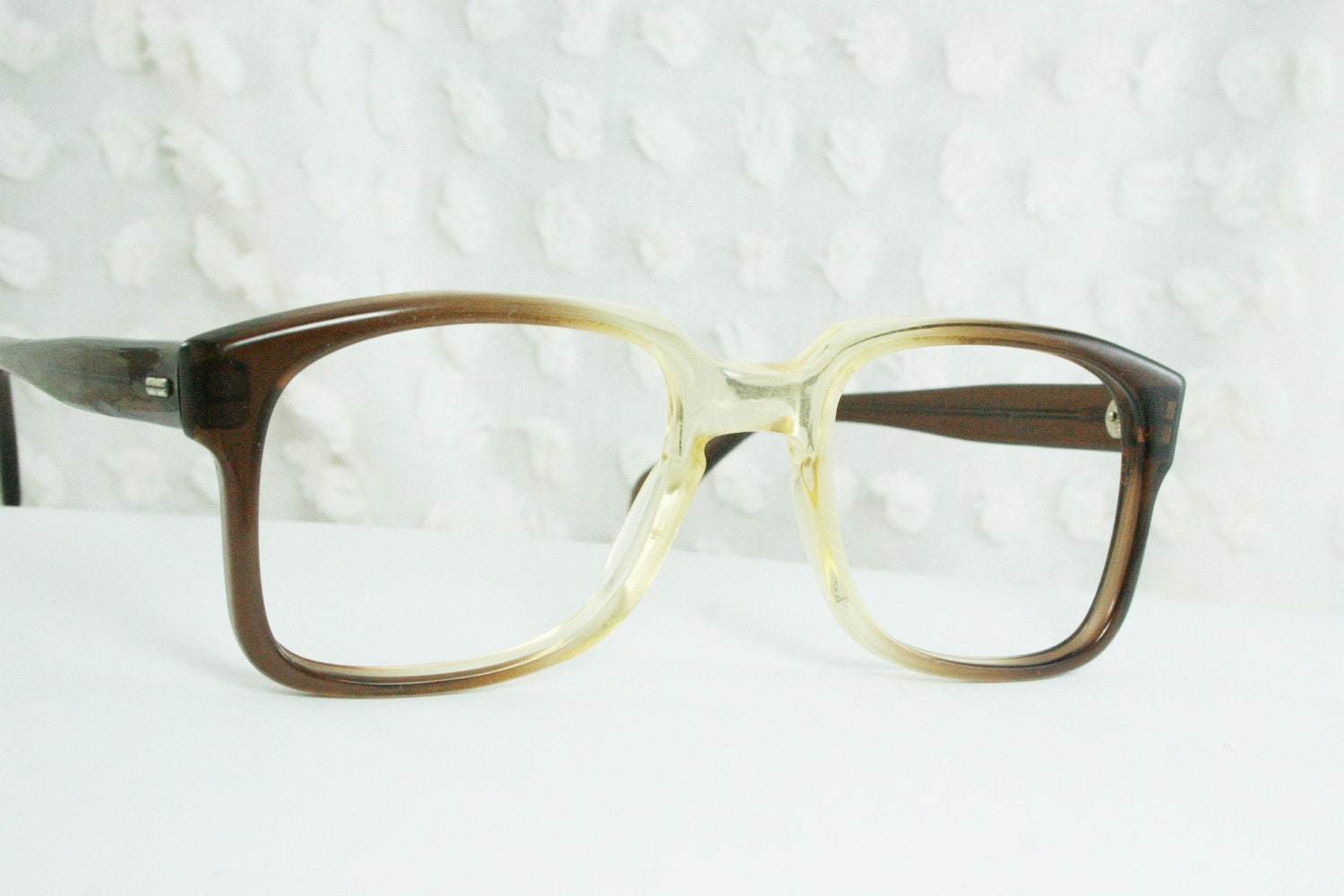 Vintage 80s Glasses 1980's Eyeglasses Rectangular Clear Brown Fade Extra Large Unisex 50/24 Optical Frame