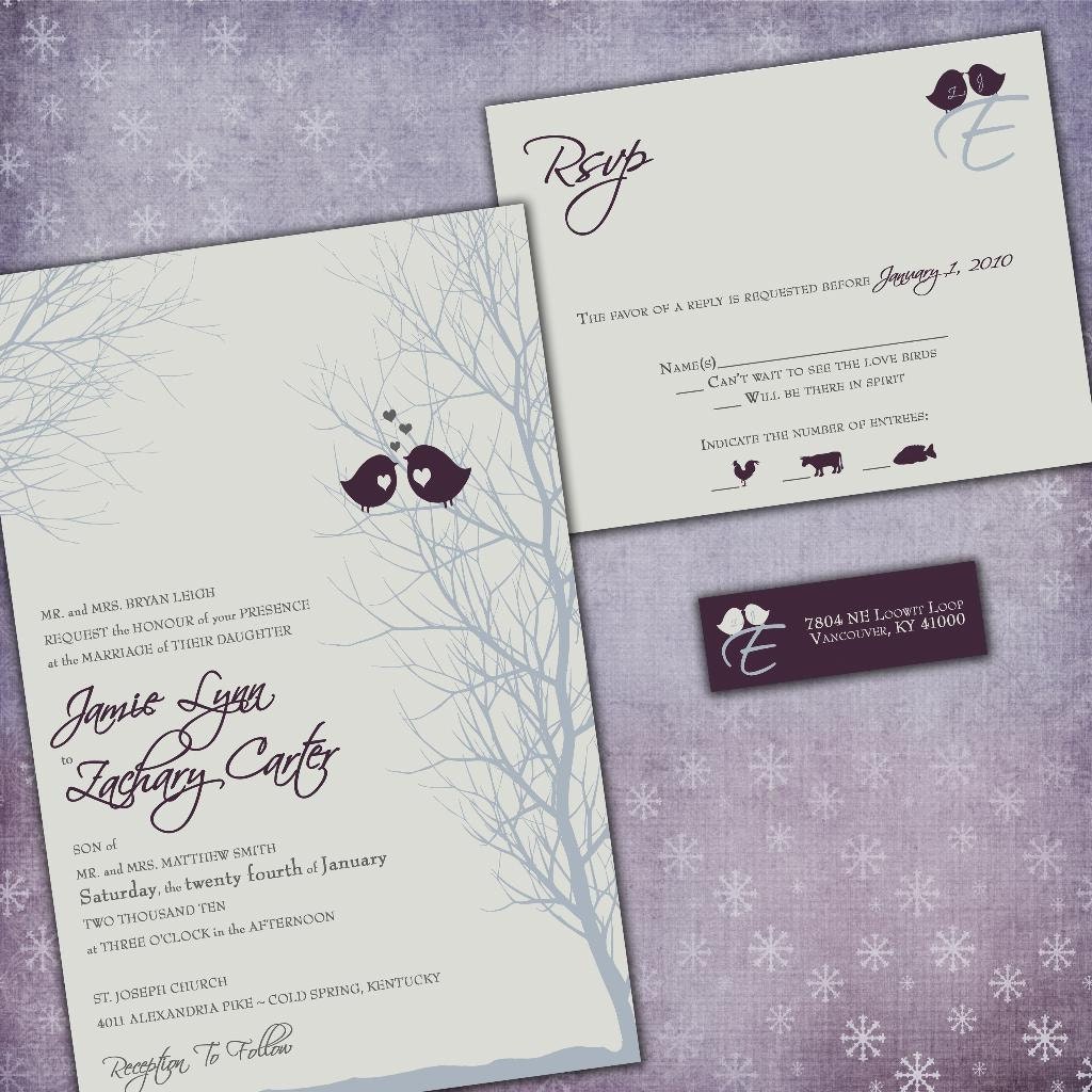 Custom Winter Love Birdies Wedding Invitation Suite with RSVP cards and address labels