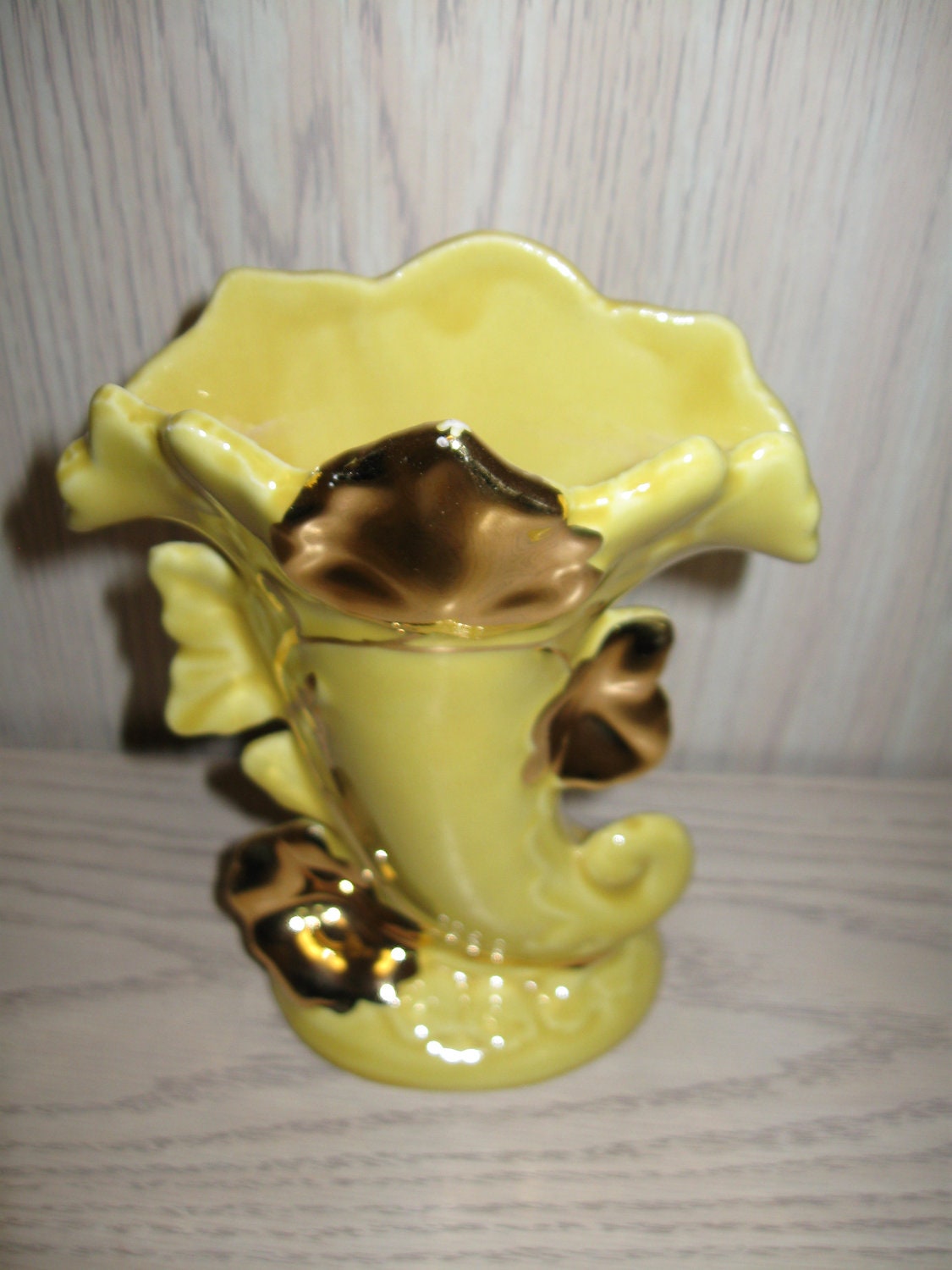 Vase Yellow with 22 k Gold Design F & M Art Ware 1950 Horn of Plenty