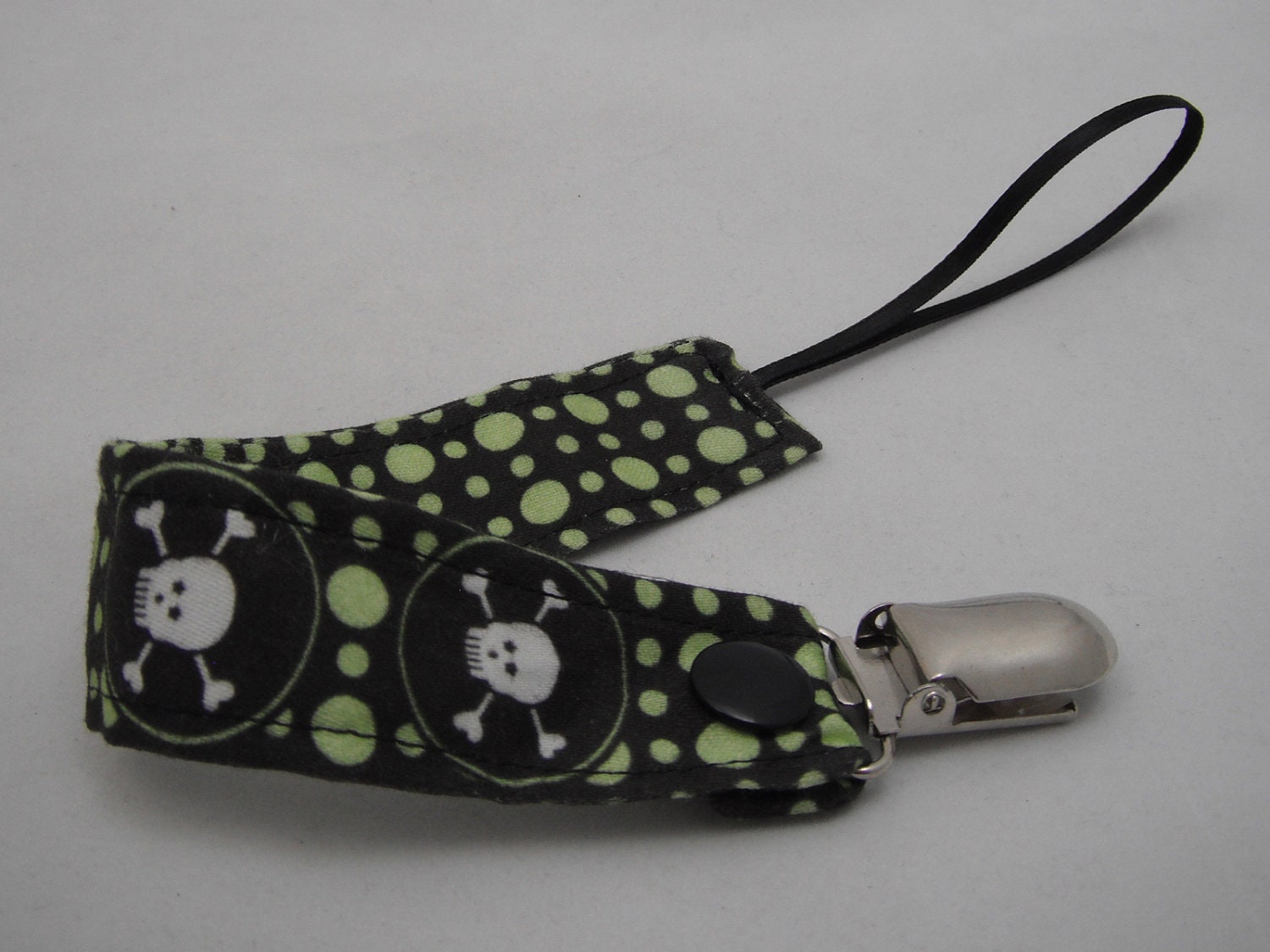 Fabric Pacifier Clip Black and Green L Bubbles and Dots  with Skull and Crossbones BOY Print - Universal Soothie Nuk Mam Gumdrop Avent