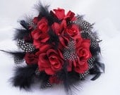 10pc Custom Premium Bridal Wedding Set Bouquet Roses Polka Dot Guinea Feathers Hen Your Colors