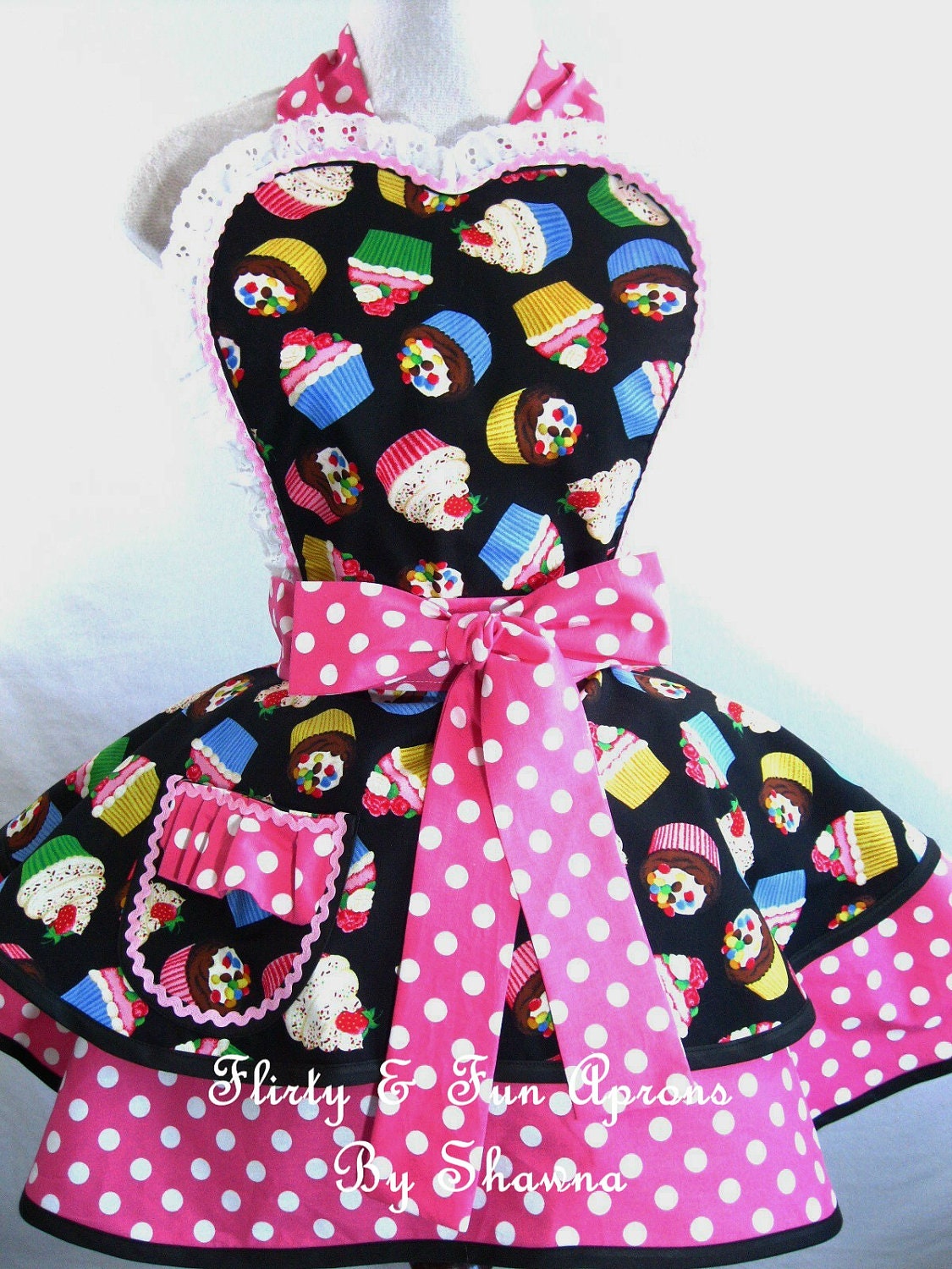 Rainbow Cupcake Apron with Pink Polka Dots