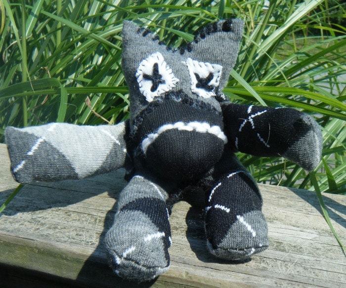 New Handmade Evil Ugly Sock Critter Cat. Black stuffed cat. Not your average sock monkey. ON SALE WAS 20.00