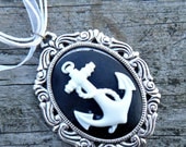 ON SALE Black and White Anchor Cameo Necklace. Black and White Cameo Necklace. 40x30mm Nautical Anchor neclace set in a silver medallion