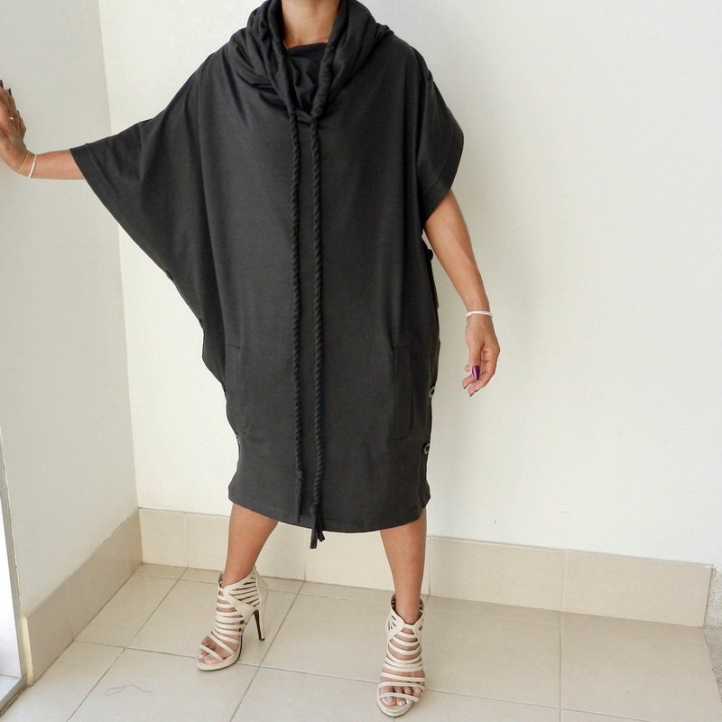 Ladies Hoodie Cowl Neck, Blouse,Top Charcoal Cotton Jersey,Tunic,Flared Sleeve Unique Styling,