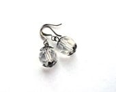 Earrings - ice clear crystal glass drop jewelry for her - Winter holiday gift - grey white,  under 25