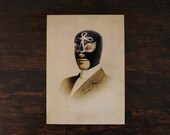 Lucha Libre Sepia Print, Mixed Media Collage Print, Portrait of a Luchador, Altered Vintage Photo, 5x7 for him