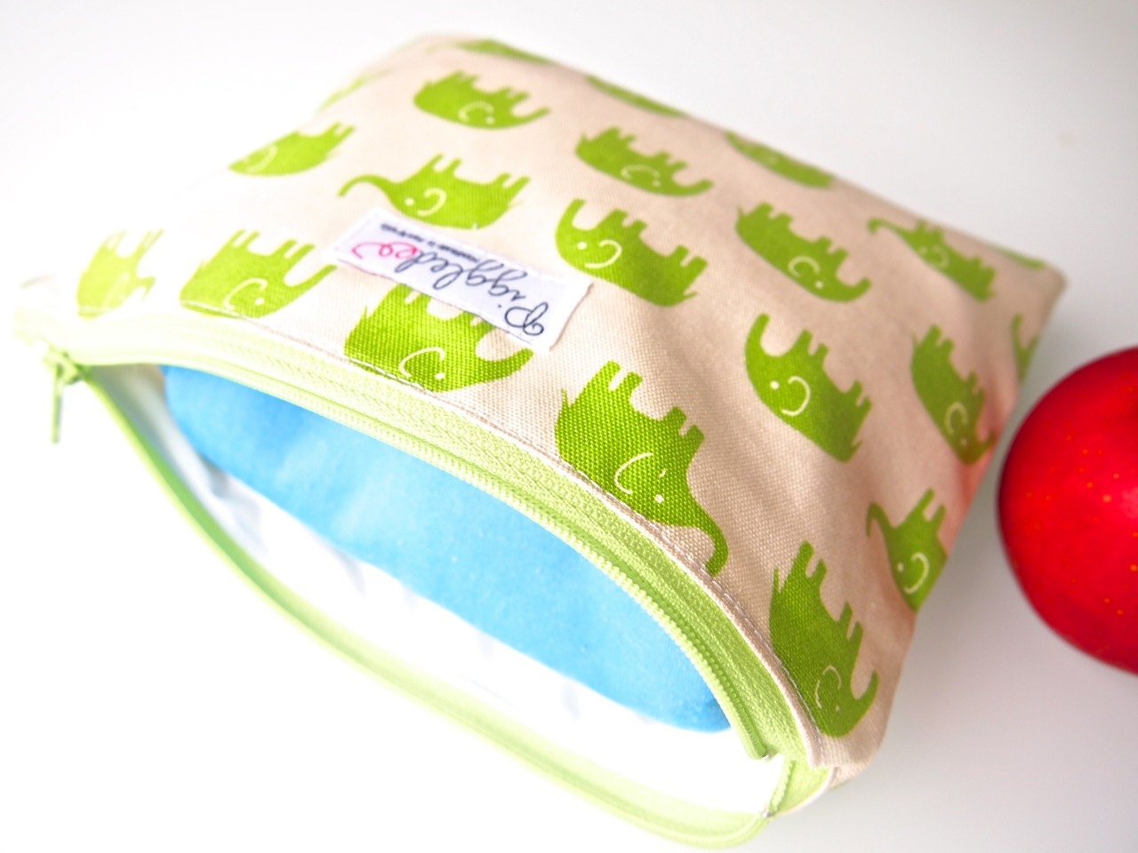 Small Zippered Wet Bag Pouch with Waterproof Lining (Wet Bag) - Green Elephants