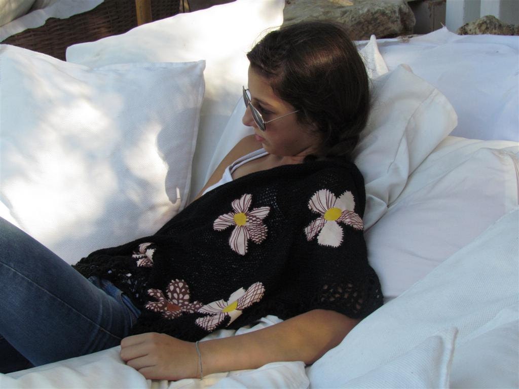 Spring Scarf Rustic black knitting Wrap Shawl With Fabric flowers applications
