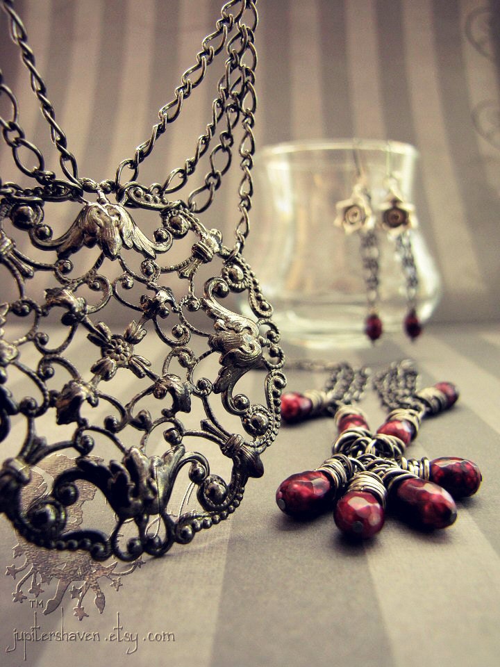 Charmed Necklace - Art Nouveau Gothic Floral Filigree Gunmetal Big Pendant - Victorian Medallion