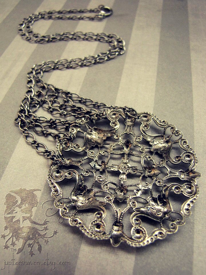 Charmed Necklace - Art Nouveau Gothic Floral Filigree Gunmetal Big Pendant - Victorian Medallion
