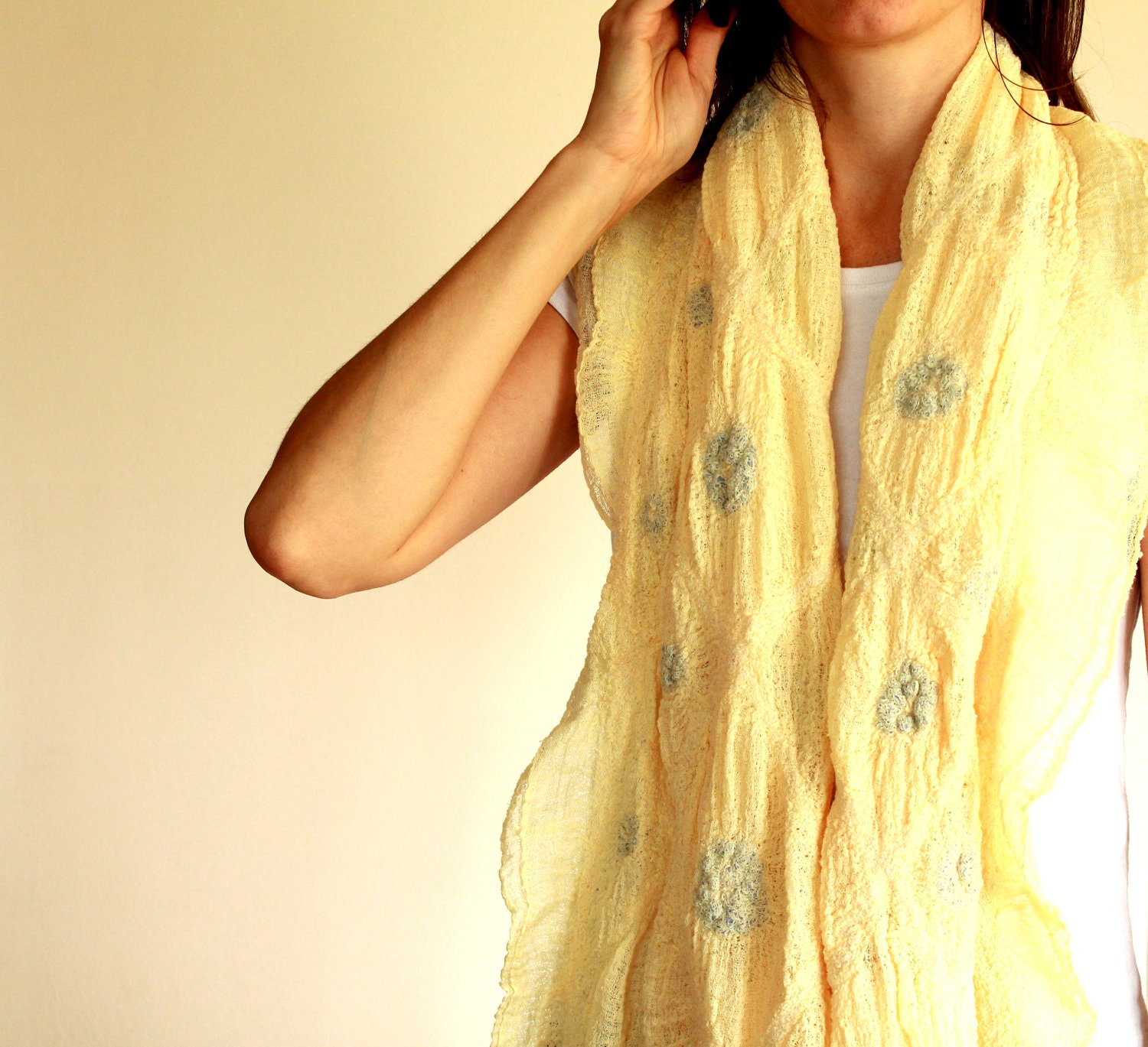 Scarf nuno felted with merino wool and hand dyed cotton gauze