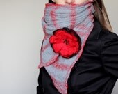 Nuno felted scarf merino wool and hand dyed grey cotton gauze with flower brooch