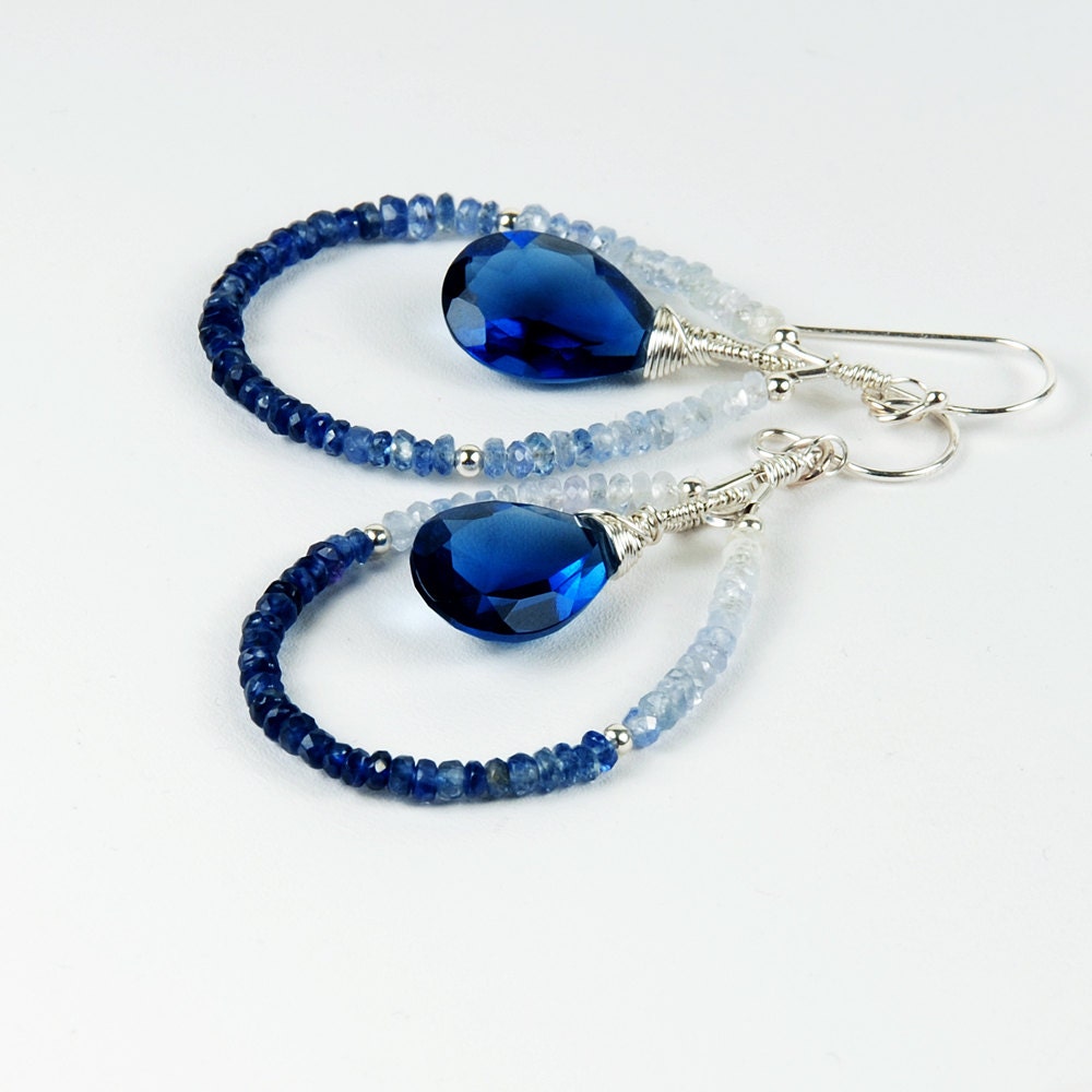 Shaded Sapphire and  Blue Quartz Earrings, September Birthstone Earrings, Sapphire Teardrop Earrings